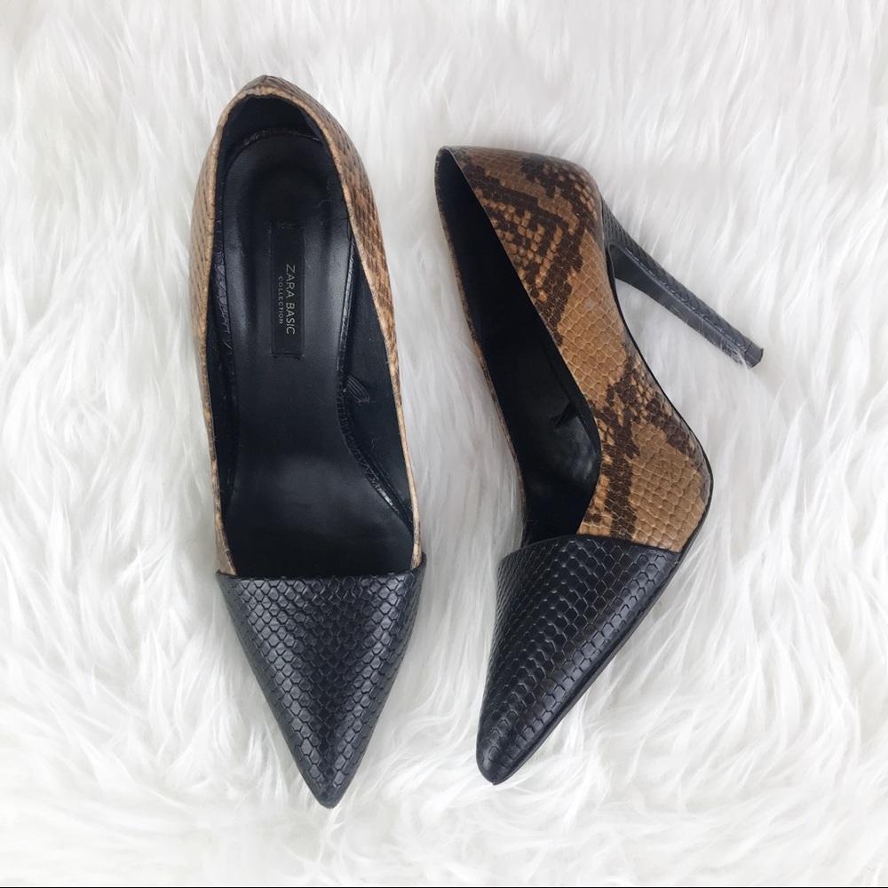 Zara Snake Color Block Print Pointed Pumps Tan 38